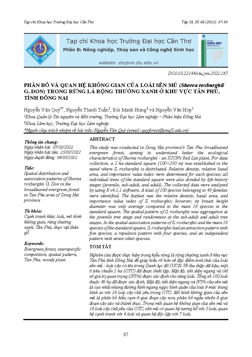 Phân bố và quan hệ không gian của loài sến mủ (Shorea roxburghii G. Don) trong rừng lá rộng thường xanh ở khu vực Tân Phú, tỉnh Đồng Nai = Spatial distribution and association patterns of Shorea roxburghii G. Don in the broadleaved evergreen forest in Tan