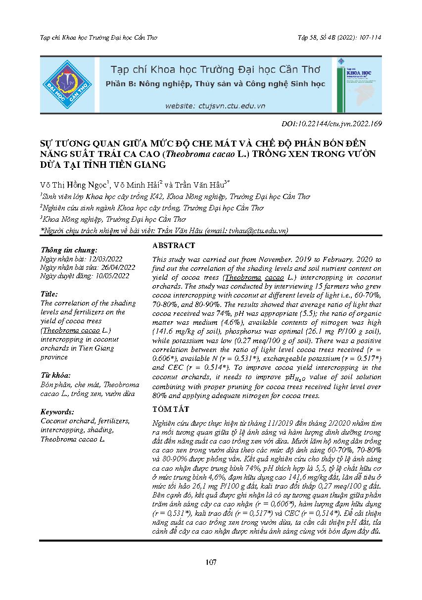 Sự tương quan giữa mức độ che mát và chế độ phân bón đến năng suất trái ca cao (Theobroma cacao L.) trồng xen trong vườn dừa tại tỉnh Tiền Giang = The correlation of the shading levels and fertilizers on the yield of cocoa trees (Theobroma cacao L.) inter