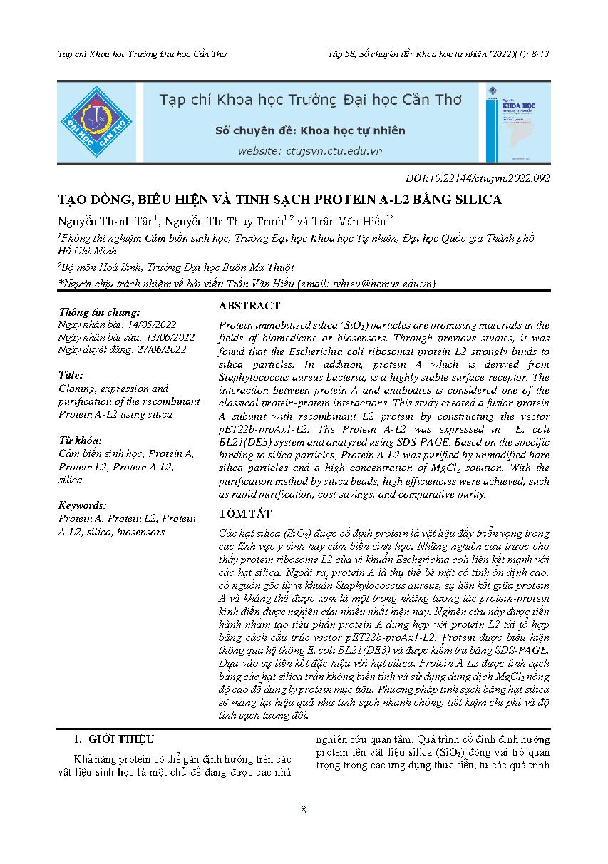 Tạo dòng, biểu hiện và tinh sạch Protein A-L2 bằng silica = Cloning, expression and purification of the recombinant Protein A-L2 using silica