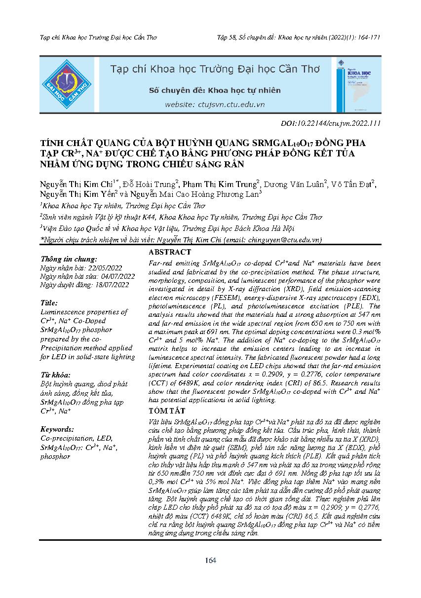 Tính chất quang của bột huỳnh quang SrMgAl10O17 đồng pha tạp Cr3+, Na+ được chế tạo bằng phương pháp đồng kết tủa nhằm ứng dụng trong chiếu sáng rắn = Luminescence properties of Cr3+, Na+ Co-Doped SrMgAl10O17 phosphor prepared by the coPrecipitation metho
