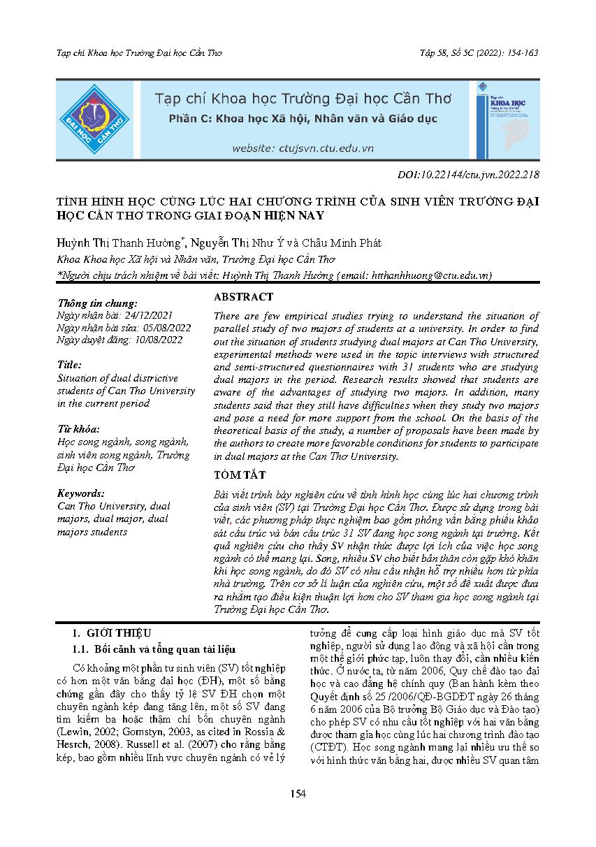 Tình hình học cùng lúc hai chương trình của sinh viên Trường Đại học Cần Thơ trong giai đoạn hiện nay = Situation of dual districtive students of Can Tho University in the current period