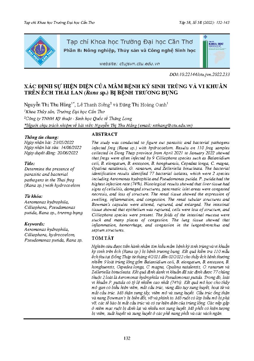 Xác định sự hiện diện của mầm bệnh ký sinh trùng và vi khuẩn trên ếch Thái Lan (Rana sp.) bị bệnh trương bụng = Determine the presence of parasitic and bacterial pathogens in the Thai frog (Rana sp.) with hydrocoelom