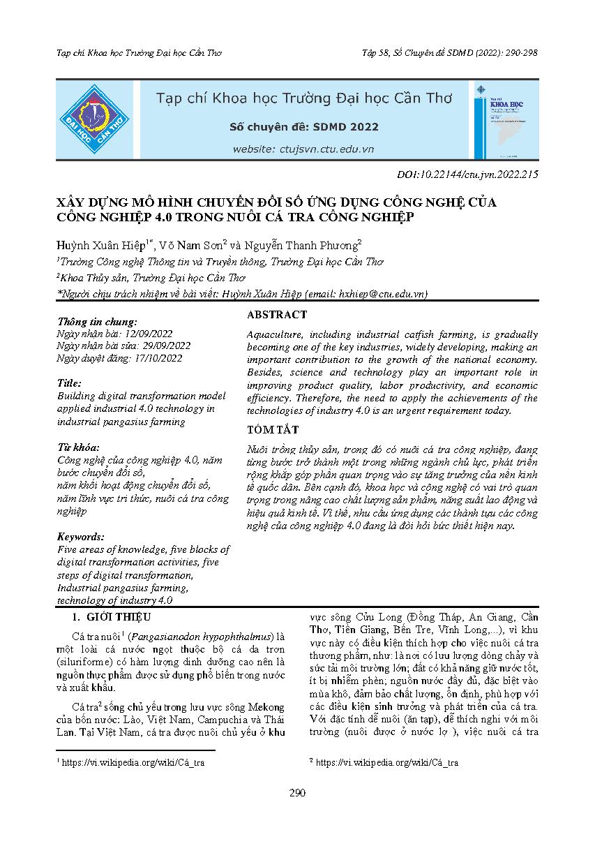 Xây dựng mô hình chuyển đổi số ứng dụng công nghệ của công nghiệp 4.0 trong nuôi cá tra công nghiệp = Building digital transformation model applied industrial 4.0 technology in industrial pangasius farming