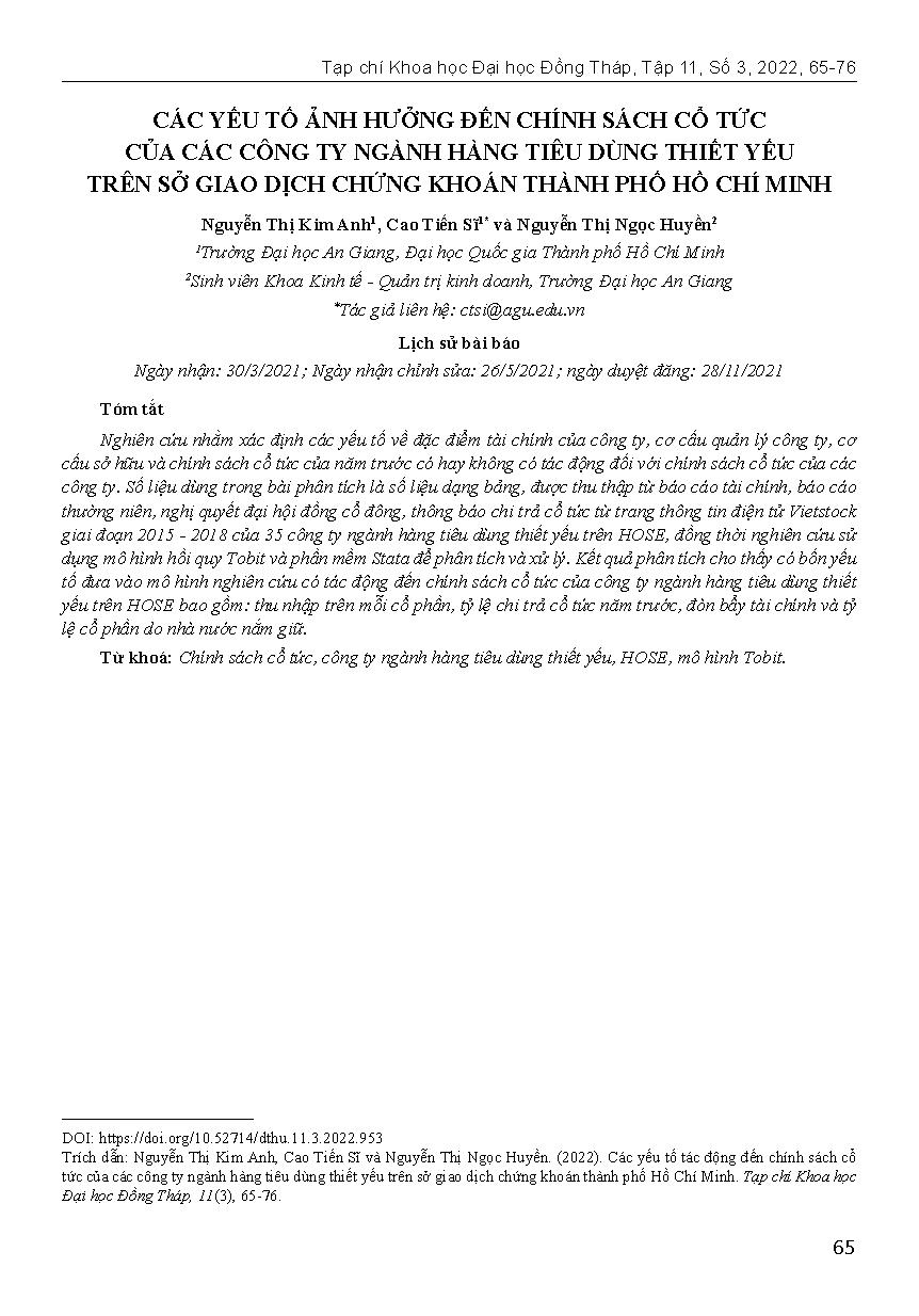 Các yếu tố tác động đến chính sách cổ tức của các công ty ngành hàng tiêu dùng thiết yếu trên sở giao dịch chứng khoán thành phố Hồ Chí Minh = Factors affecting the dividend policy of consumer staples companies in Ho Chi Minh stock exchange