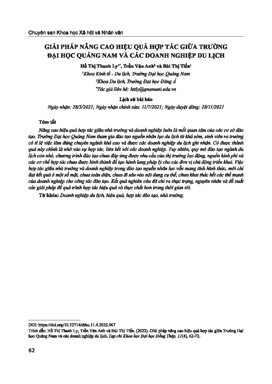 Giải pháp nâng cao hiệu quả hợp tác giữa Trường Đại học Quảng Nam và các doanh nghiệp du lịch = Solutions to improve the efficiency of cooperation between Quang Nam university and tourism businesses