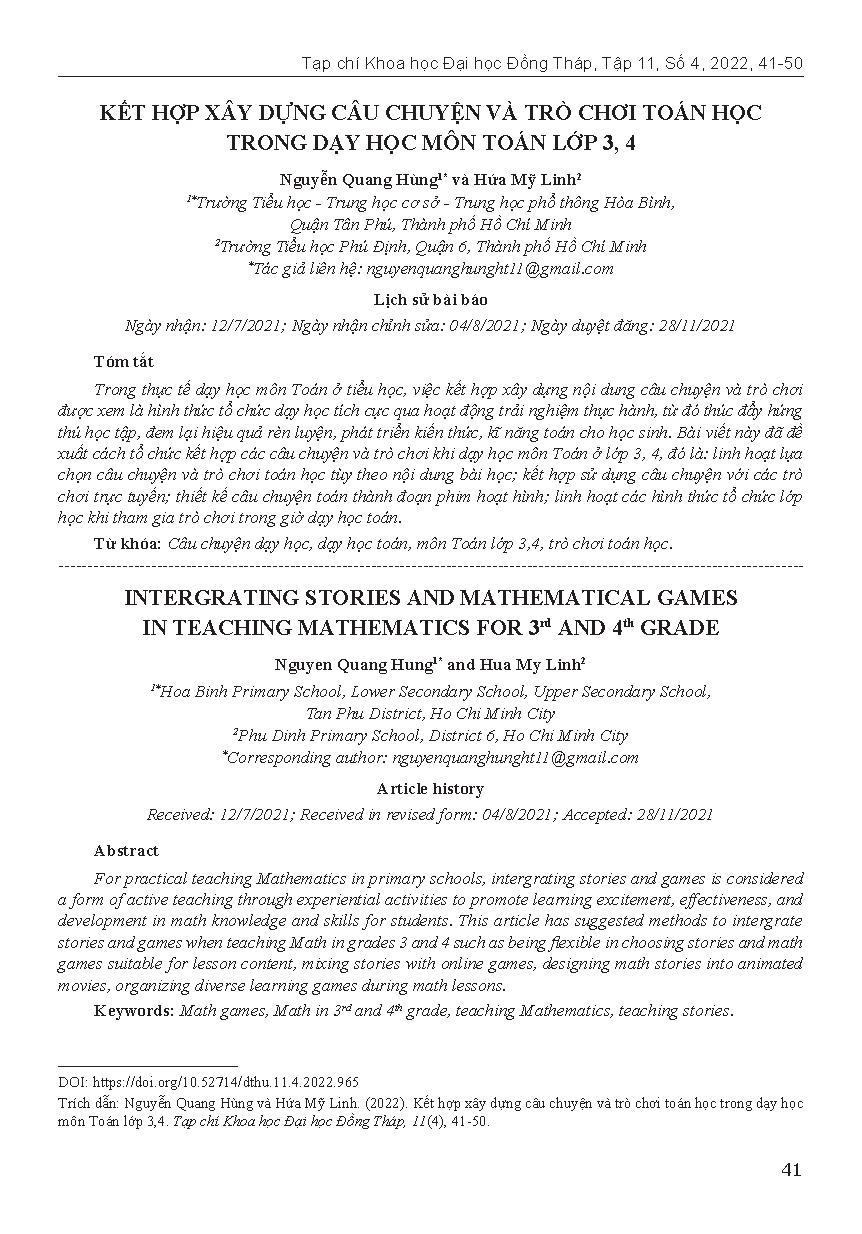 Kết hợp xây dựng câu chuyện và trò chơi toán học trong dạy học môn Toán lớp 3,4 = Intergrating stories and mathematical games teaching mathematics for 3rd and 4th graders