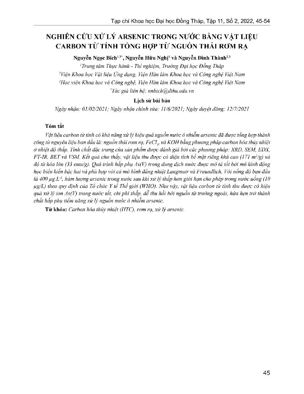 Nghiên cứu xử lý Arsenic trong nước bằng vật liệu carbon từ tính tổng hợp từ nguồn thải rơm rạ = Using rice straw to prepare magnetic carbon material for arsenic removal