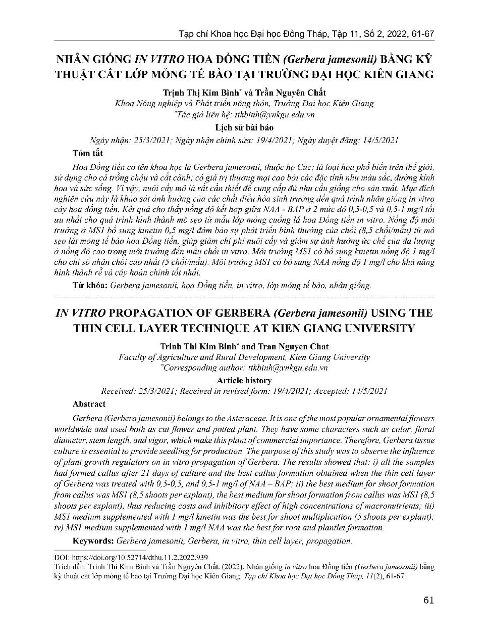 Nhân giống in vitro hoa đồng tiền (gerbera jamesonii) bằng kỹ thuật cắt lớp mỏng tế bào tại Trường Đại học Kiên Giang = In vitro propagation of gerbera (gerbera jamesonii) using the thin cell layer technique at Kien Giang university