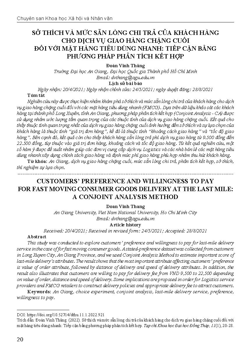 Sở thích và mức sẵn lòng chi trả của khách hàng cho dịch vụ giao hàng chặng cuối đối với mặt hàng tiêu dùng nhanh: Tiếp cận bằng phương pháp phân tích kết hợp = Customers’ preference and willingness to pay for express goods delivery at the last mile: a co
