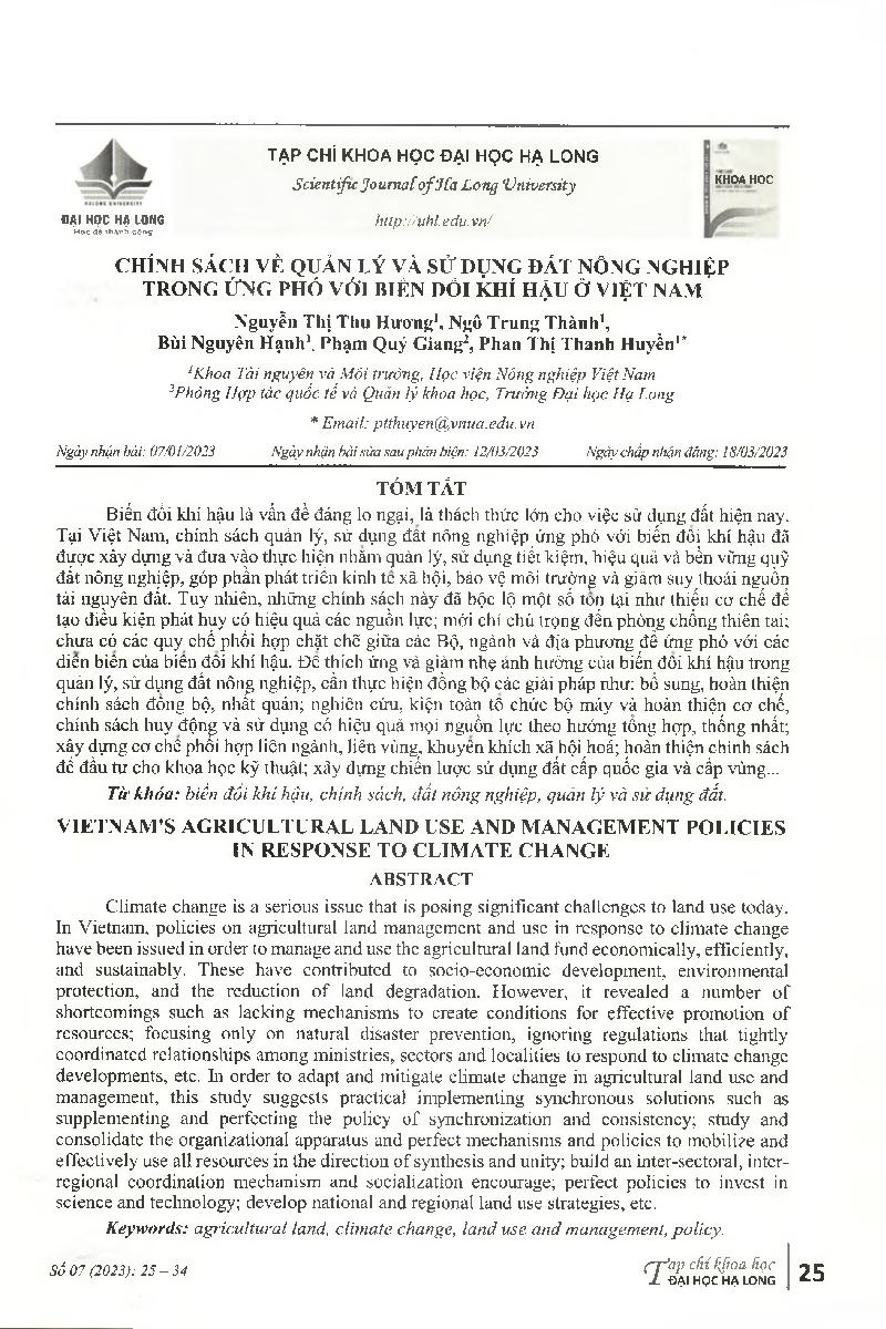 Chính sách về quản lý và sử dụng đất nông nghiệp trong ứng phó với biến đổi khí hậu ở Việt Nam