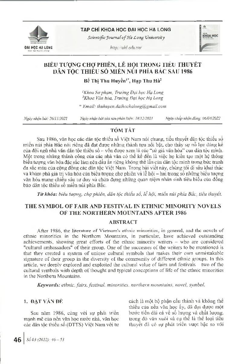 Biểu tượng chợ phiên, lễ hội trong tiểu thuyết dân tộc thiểu số miền núi phía Bắc sau 1986 = The symbol of fair and festival in ethnic minority novels of the northern mountains after 1986