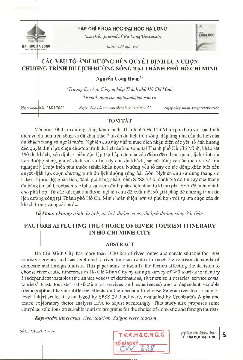 Các yếu tố ảnh hưởng đến quyết định lựa chọn chương trình du lịch đường sông tại thành phố Hồ Chí Minh = Factors affecting the choice of river tourism itinerary in Ho Chi Minh city