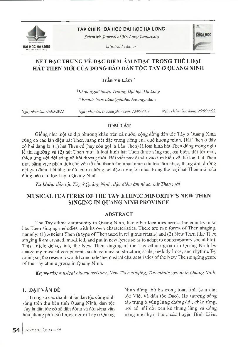 Nét đặc trưng về đặc điểm âm nhạc trong thể loại hát Then mới của đồng bào dân tộc Tày ở Quảng Ninh = Musical features of the Tay ethnic minority’s new Then singing in Quang Ninh province