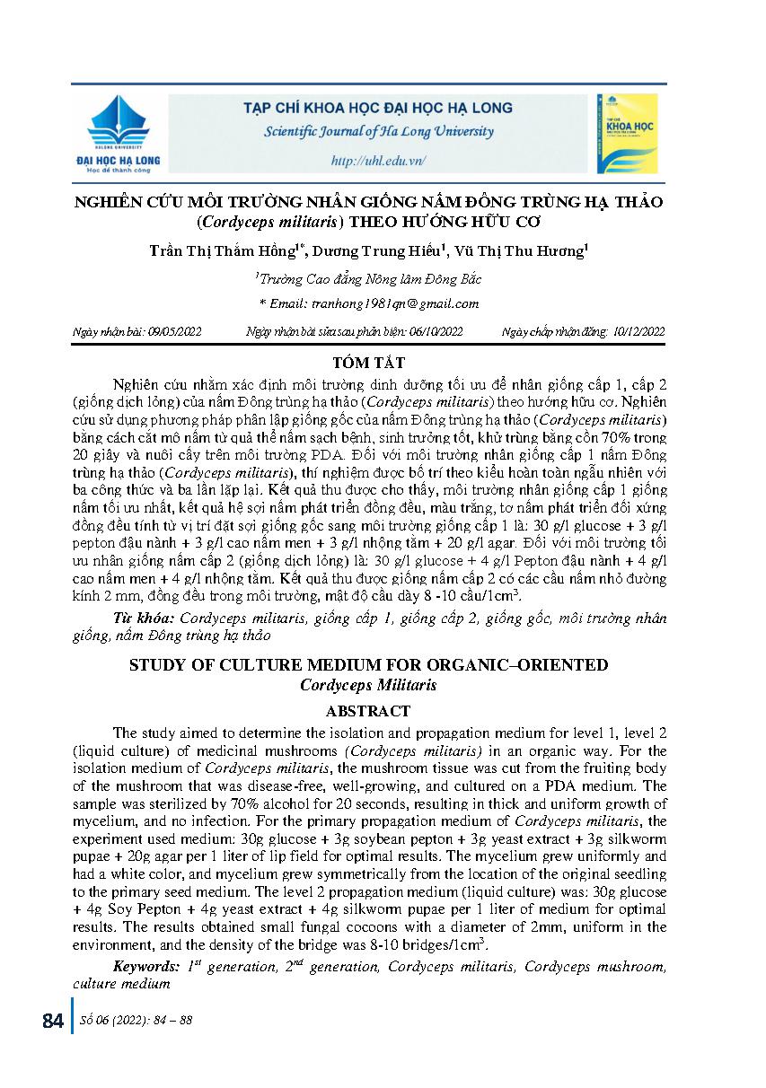Nghiên cứu môi trường nhân giống nấm đông trùng hạ thảo (Cordyceps militaris) theo hướng hữu cơ = Study of culture medium for organic–oriented Cordyceps Militaris