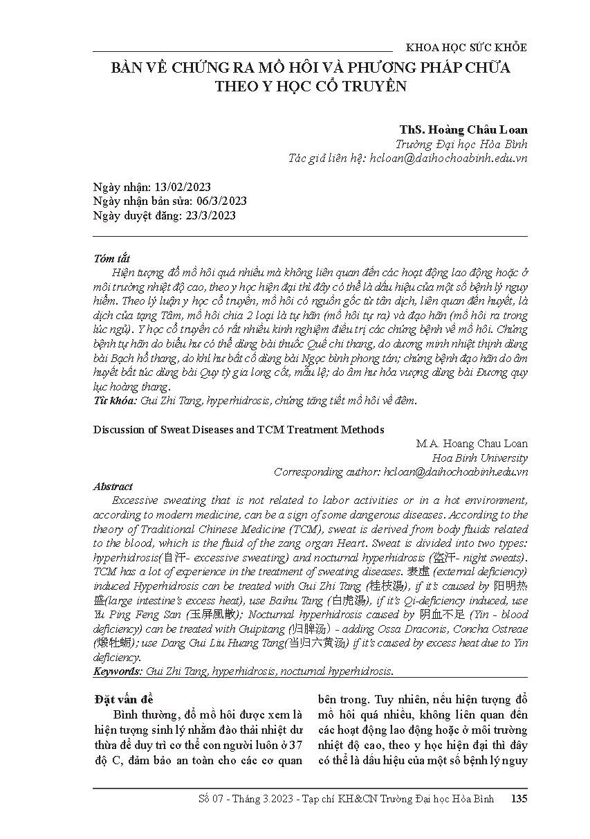 Bàn về chứng ra mồ hôi và phương pháp chữa theo y học cổ truyền = Discussion of sweat diseases and TCM treatment methods
