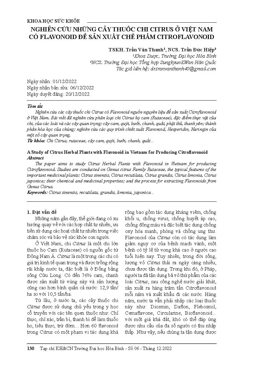 Nghiên cứu những cây thuốc chi Citrus ở Việt Nam có Flavonoid để sản xuất chế phẩm Citroflavonoid = A study of Citrus herbal plants with Flavonoid in Vietnam for producing Citroflavonoid