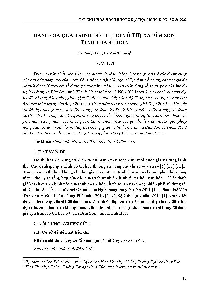Đánh giá quá trình đô thị hóa ở thị xã Bỉm Sơn, tỉnh Thanh Hóa = Assessment of the urbanization at Bim Son town, Thanh Hoa province