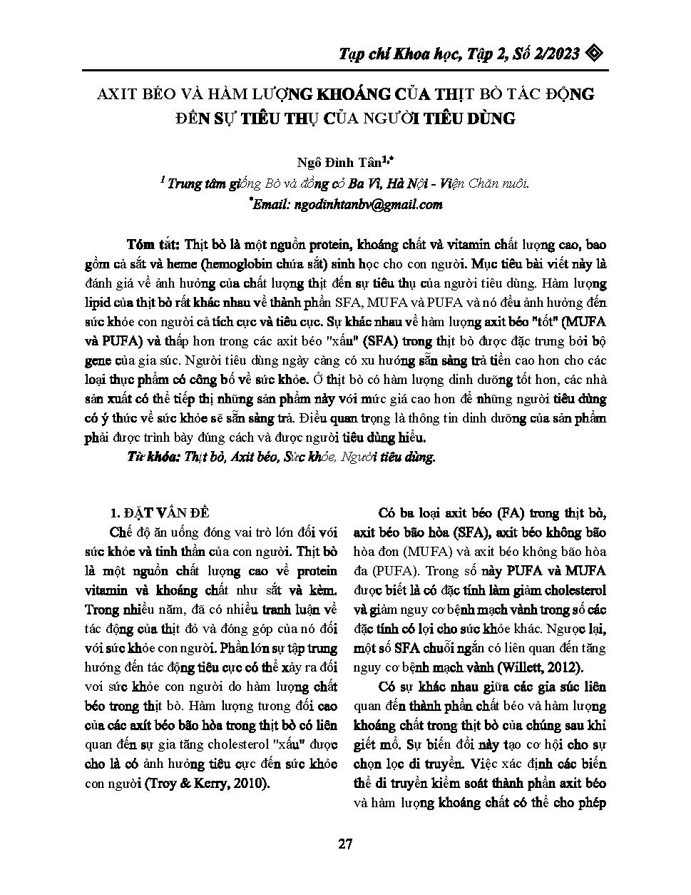 Axit béo và hàm lượng khoáng của thịt bò tác động đến sự tiêu thụ của người tiêu dùng = Fatty acids and mineral content of beef impact consumer consumption