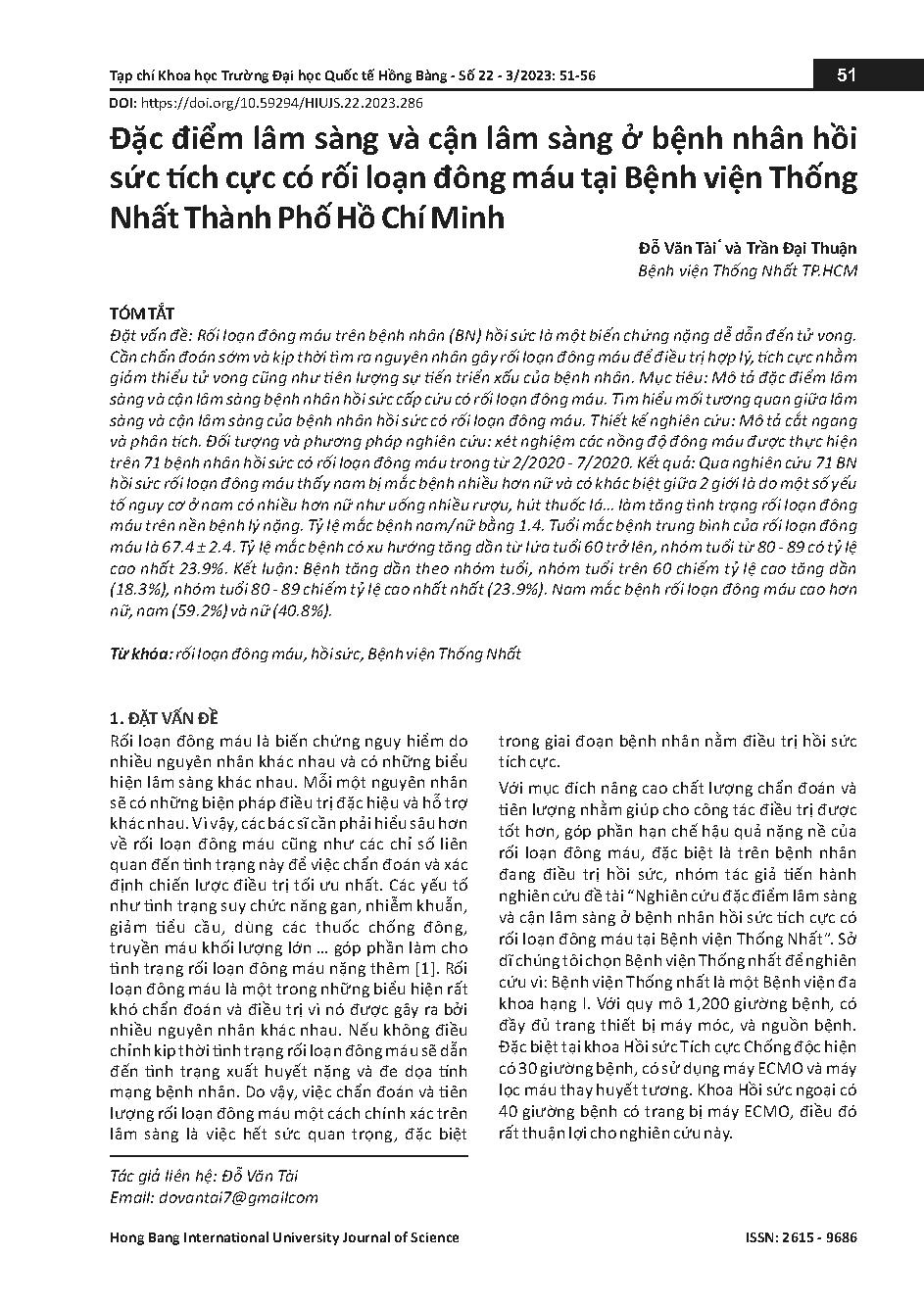 Đặc điểm lâm sàng và cận lâm sàng ở bệnh nhân hồi sức tích cực có rối loạn đông máu tại Bệnh viện Thống Nhất Thành Phố Hồ Chí Minh = Clinical manifestations in ICU patients with coagulation disorder at Thong Nhat Hospital