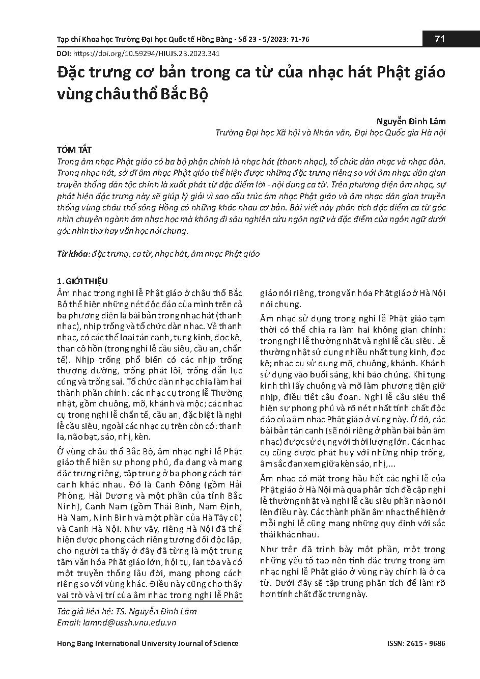 Đặc trưng cơ bản trong ca từ của nhạc hát Phật giáo vùng châu thổ Bắc Bộ = Basic characteristics in lyrics of Buddhist song in North of Vietnam
