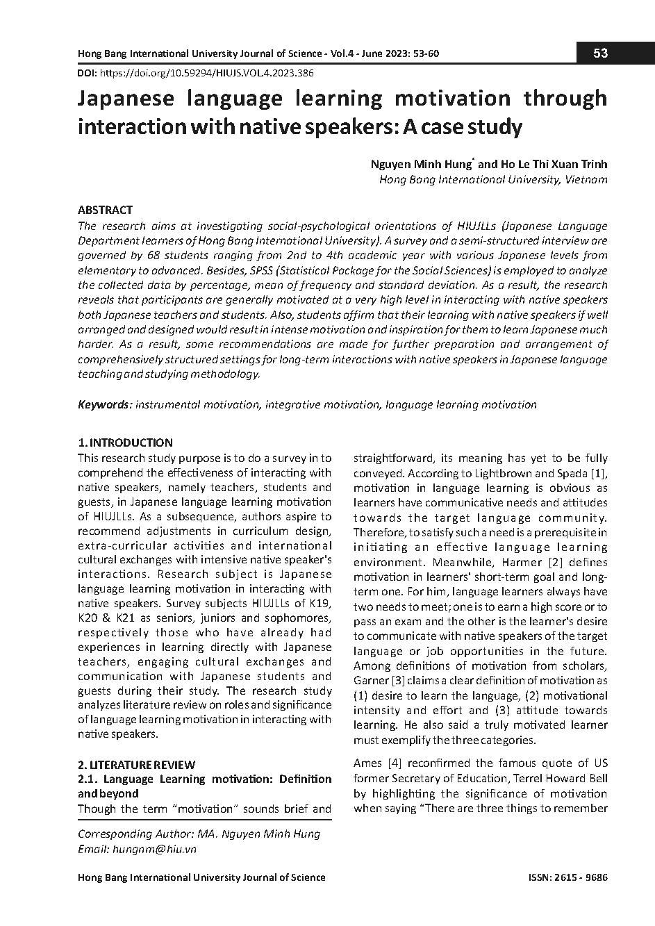 Động lực học tiếng Nhật thông qua các hoạt động tương tác với người bản ngữ: Một trường hợp nghiên cứu = Japanese language learning motivation through interaction with native speakers: A case study