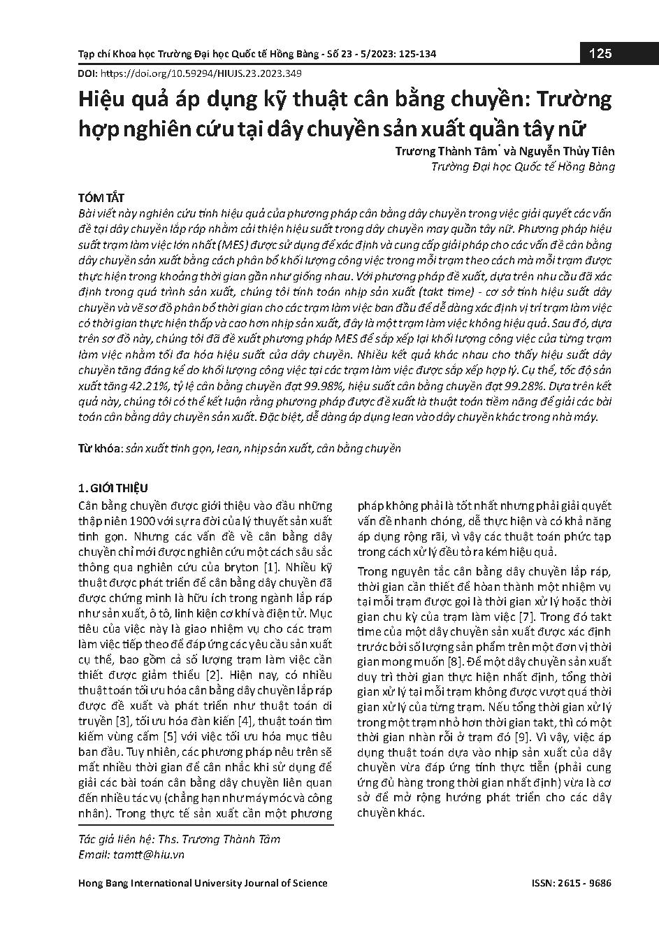 Hiệu quả áp dụng kỹ thuật cân bằng chuyền: Trường hợp nghiên cứu tại dây chuyền sản xuất quần tây nữ = Effective of application line balancing in women's trouser sewing line: A case study