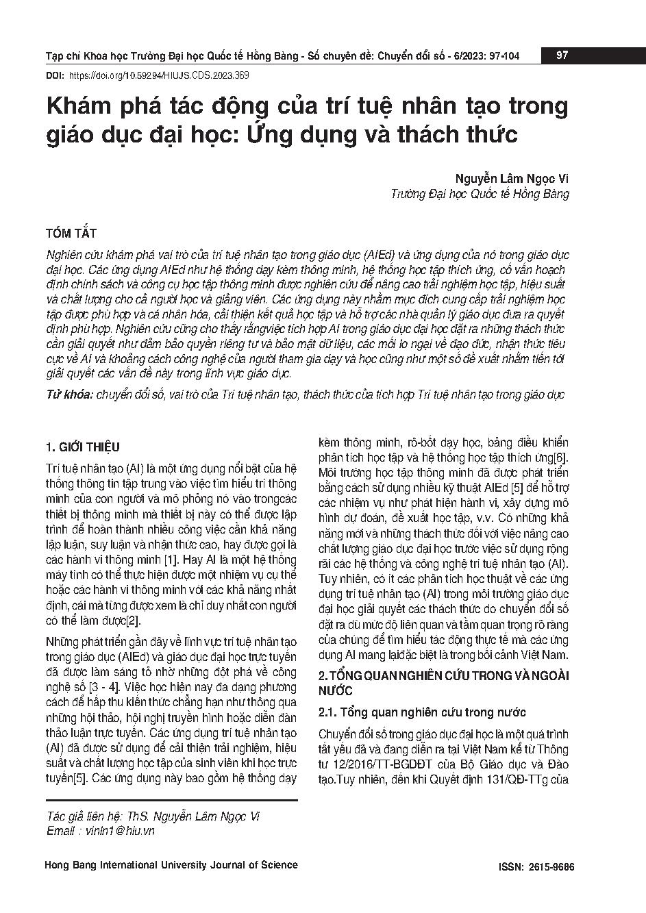 Khám phá tác động của Trí tuệ nhân tạo trong giáo dục đại học: Ứng dụng và thách thức = Examining the role of Artificial Intelligence in the higher education: Applications and challenges