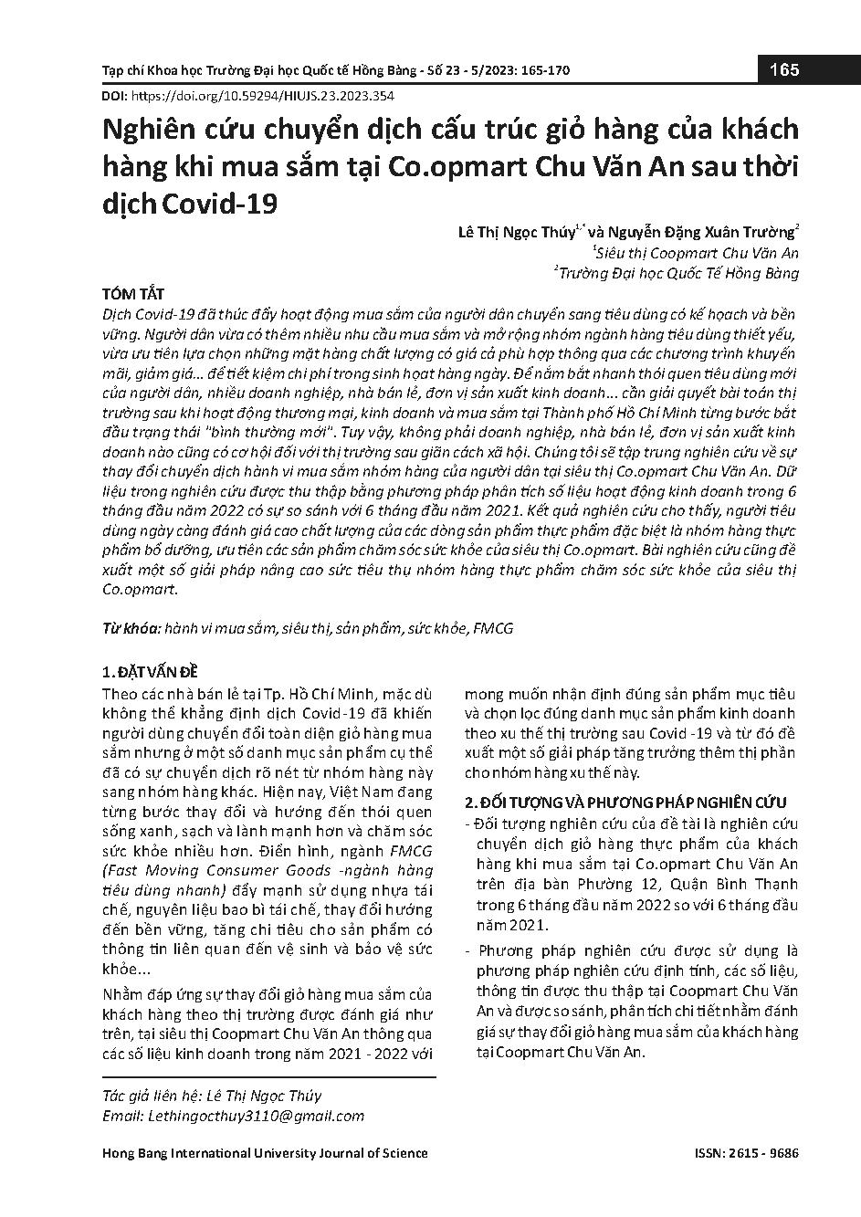 Nghiên cứu chuyển dịch cấu trúc giỏ hàng của khách hàng khi mua sắm tại Co.opmart Chu Văn An sau thời dịch Covid-19 = Research on changing the structure of customers' shopping carts when shopping at Co.opmart Chu Van An after the Covid-19 pandemic