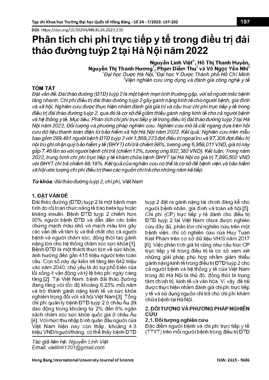 Phân tích chi phí trực tiếp y tế trong điều trị đái tháo đường tuýp 2 tại Hà Nội năm 2022