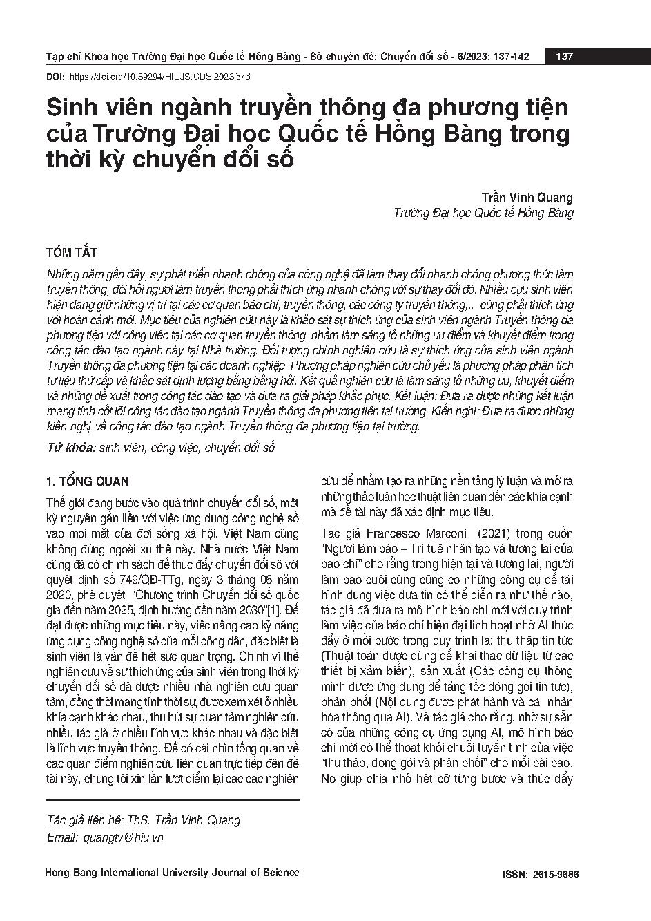 Sinh viên ngành truyền thông đa phương tiện của Trường Đại học Quốc tế Hồng Bàng trong thời kỳ chuyển đổi số = Students of multi-media faculty of Hong Bang International University in digital transformation era