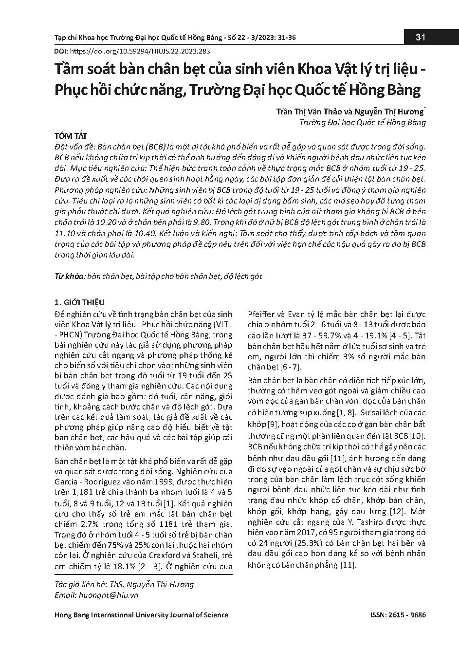 Tầm soát bàn chân bẹt của sinh viên Khoa Vật lý trị liệu - Phục hồi chức năng, Trường Đại học Quốc tế Hồng Bàng = Survey of flat foot of students in the faculty of physiotherapy - Rehabilitation, Hong Bang International University