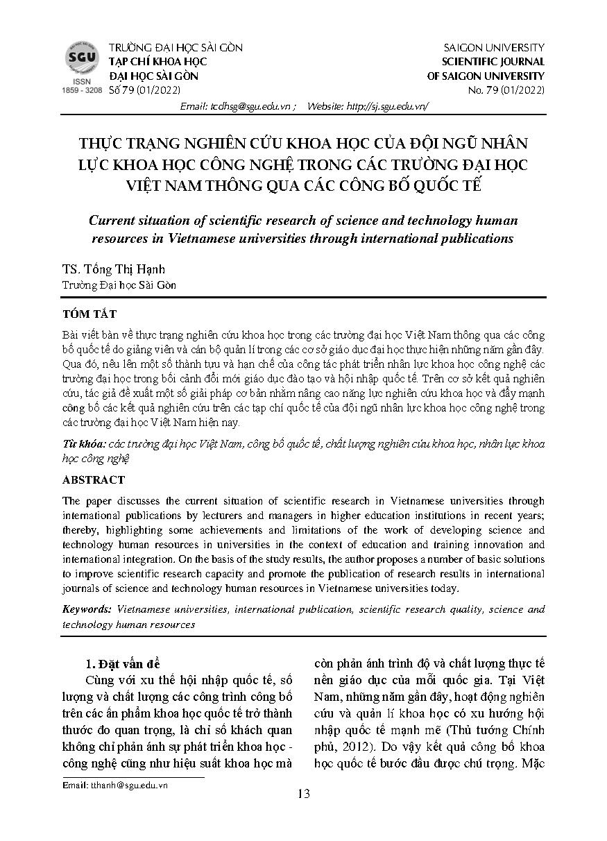Thực trạng nghiên cứu khoa học của đội ngũ nhân lực khoa học công nghệ trong các trường đại học Việt Nam thông qua các công bố quốc tế = Current situation of scientific research of science and technology human resources in Vietnamese universities through 