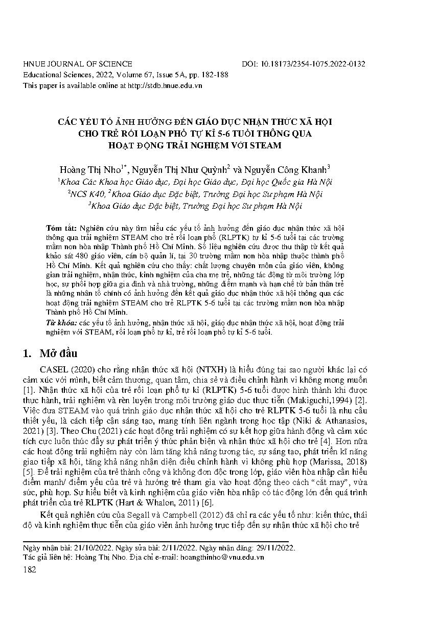 Các yếu tố ảnh hưởng đến giáo dục nhận thức xã hội cho trẻ rối loạn phổ tự kỉ 5-6 tuổi thông qua hoạt động trải nghiệm với steam = Factors affecting social awareness education for children with autism spectrum disorders 5-6 years old through experience wi