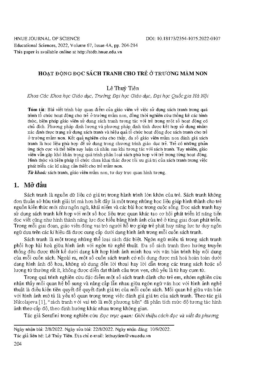 Hoạt động đọc sách tranh cho trẻ ở trường mầm non = Reading picture book activities in the preschool