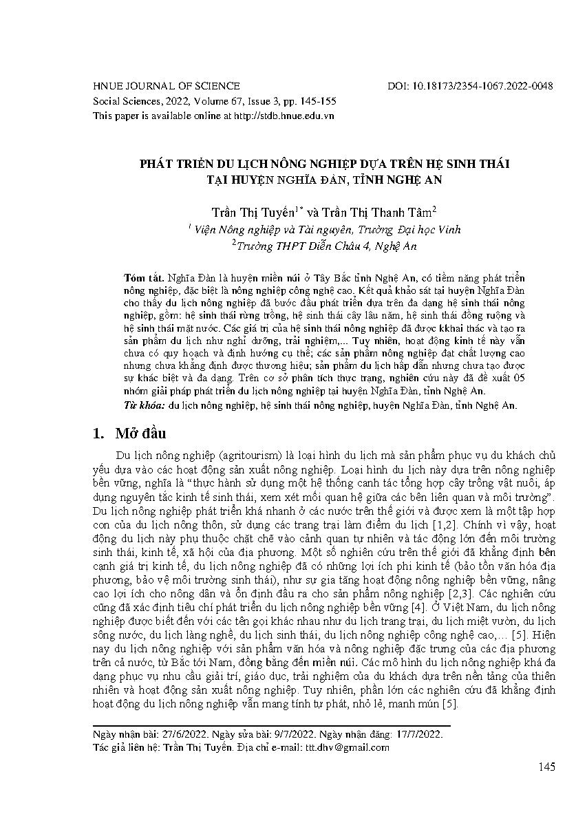 Phát triển du lịch nông nghiệp dựa trên hệ sinh thái tại huyện Nghĩa Đàn, tỉnh Nghệ An = Development of agriculture tourism based on Eco-system in Nghia Dan district, Nghe An province