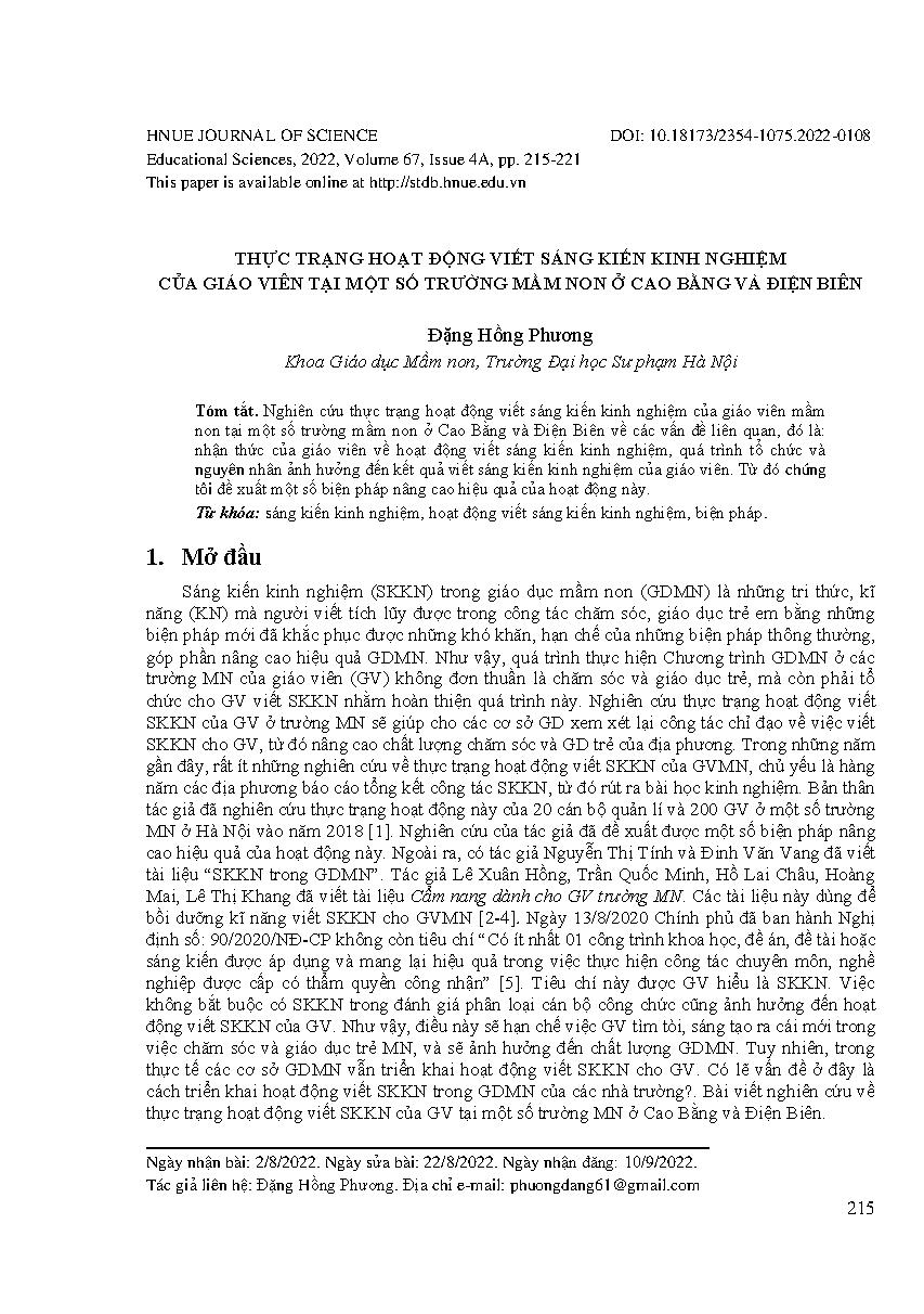 Thực trạng hoạt động viết sáng kiến kinh nghiệm của giáo viên tại một số trường mầm non ở Cao Bằng và Điện Biên = Current status of writing experience initiatives of preschool teachers in some preschools in Cao Bang and Dien Bien