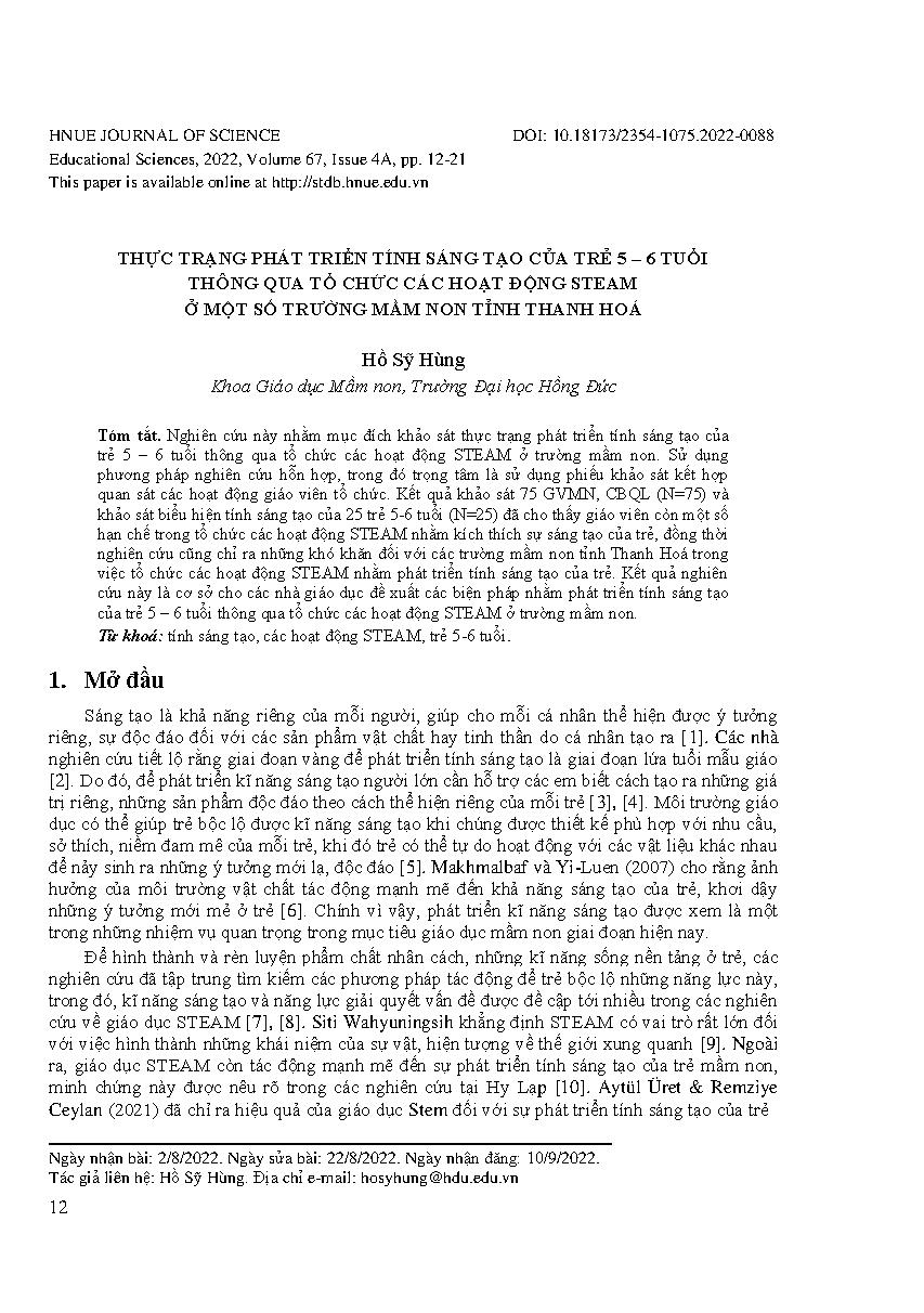 Thực trạng phát triển tính sáng tạo của trẻ 5 – 6 tuổi thông qua tổ chức các hoạt động steam ở một số trường mầm non tỉnh Thanh Hoá = The status of developing creativity of children 5 to 6 years old through steam activities in some kindergartens of Thanh 