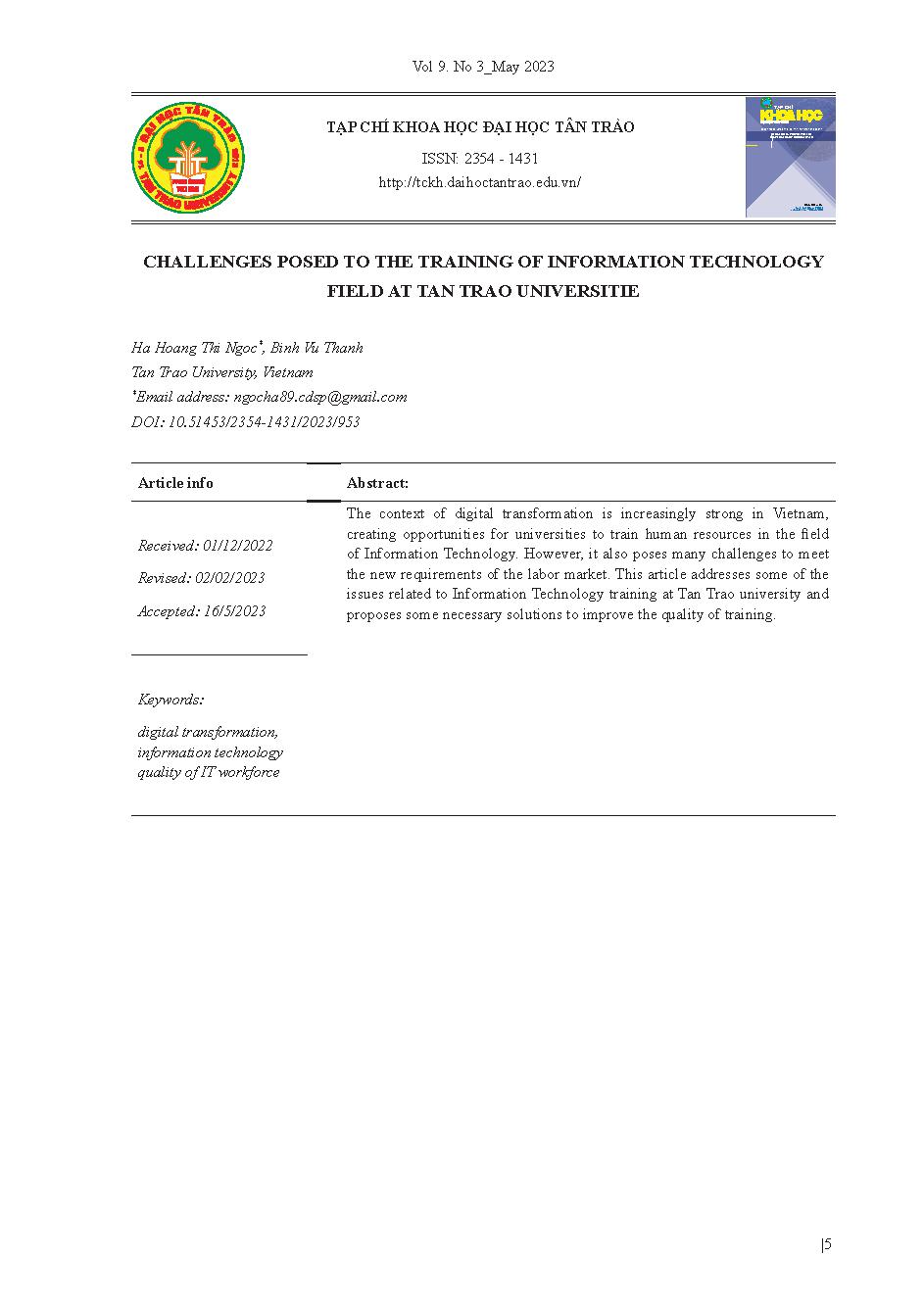 Những vấn đề đặt ra đối với công tác đào tạo ngành công nghệ thông tin tại trường Đại học Tân Trào trong bối cảnh chuyển đổi số = Challenges posed to the training of information technology field at Tan Trao Universitie