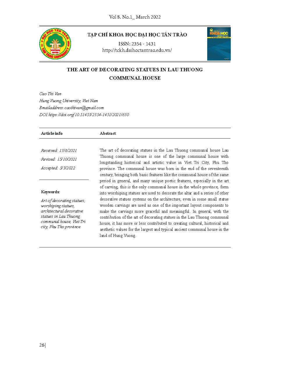 Nghệ thuật trang trí tượng ở đình làng Lâu Thượng = The art of decorating statues in Lau Thuong communal house