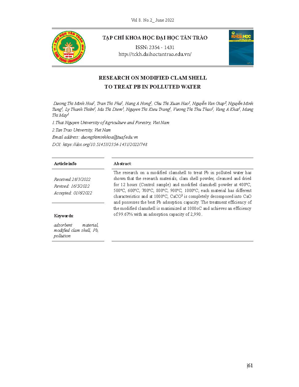 Nghiên cứu biến tính vỏ ngao để xử lý Pb trong nước ô nhiễm = Research on modified clam shell to treat pb in polluted water