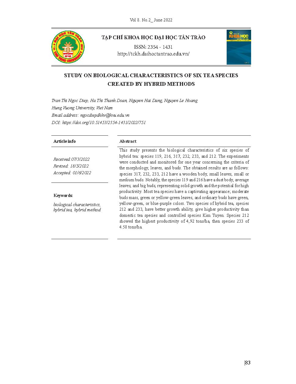 Nghiên cứu đặc điểm sinh học của sáu dòng chè được tạo ra bằng phương pháp lai hữu tính = Study on biological characteristics of six tea species created by hybrid methods