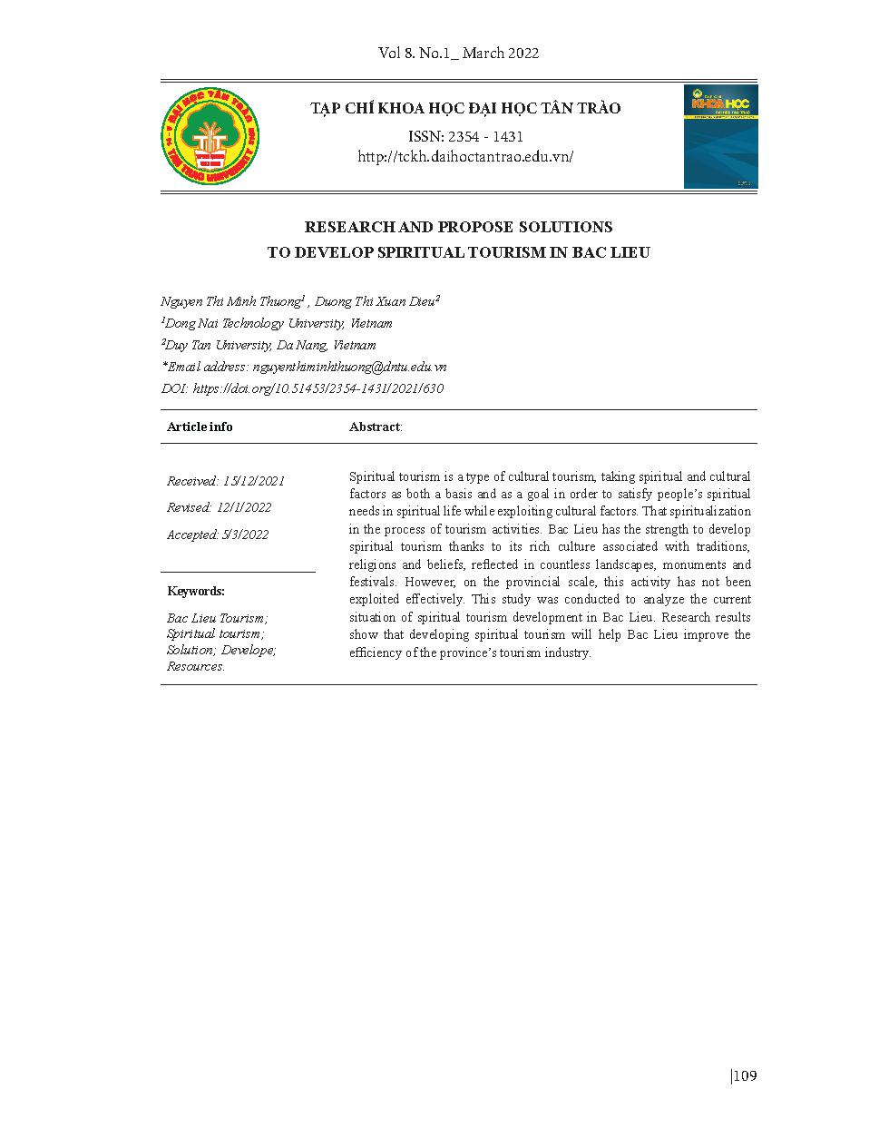 Nghiên cứu và đề xuất giải pháp phát triển loại hình du lịch tâm linh ở Bạc Liêu = Research and propose solutions to develop spiritual tourism in Bac Lieu