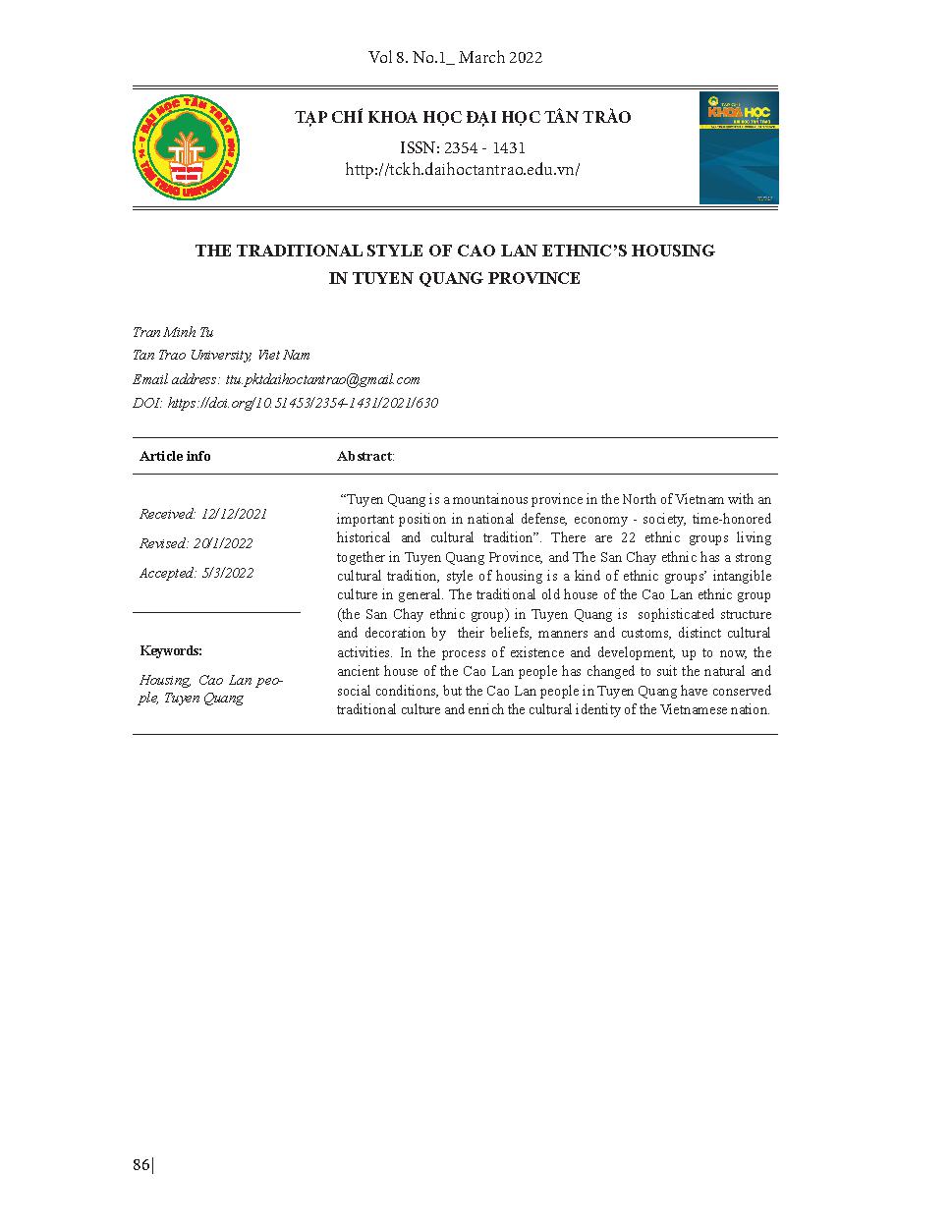 Tập tục truyền thống về làm nhà ở của người Cao Lan Tuyên Quang = The traditional style of Cao Lan ethnic’s housing in Tuyen Quang province