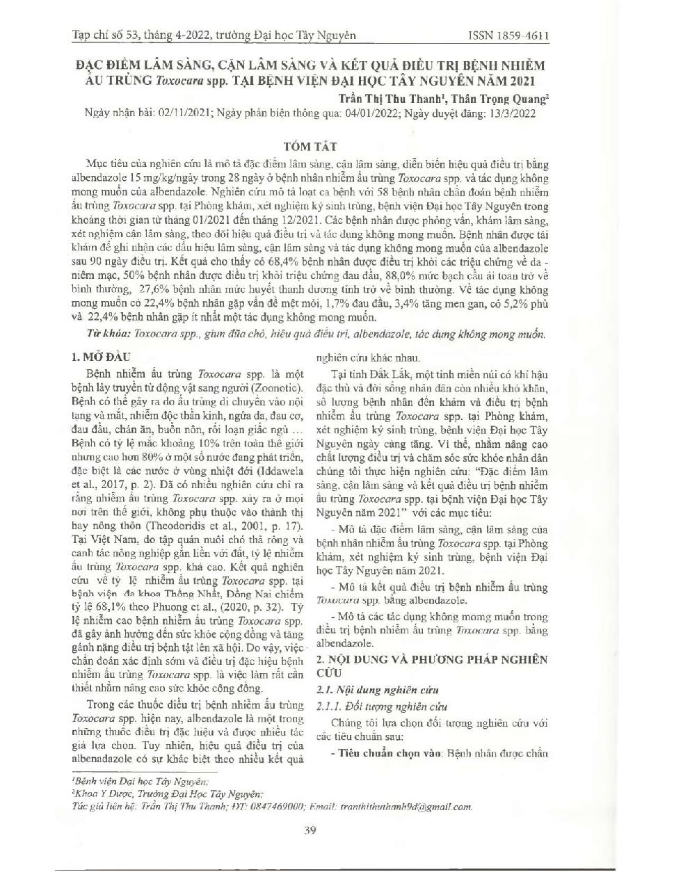 Đặc điểm lâm sàng, cận lâm sàng và kết quả điều trị bệnh nhiễm ấu trùng Toxocara spp. tại Bệnh viện Đại học Tây Nguyên năm 2021 = Clinical characteristics, subclinical and results of treatment of Toxocara spp larval infection at Tay Nguyen University hosp