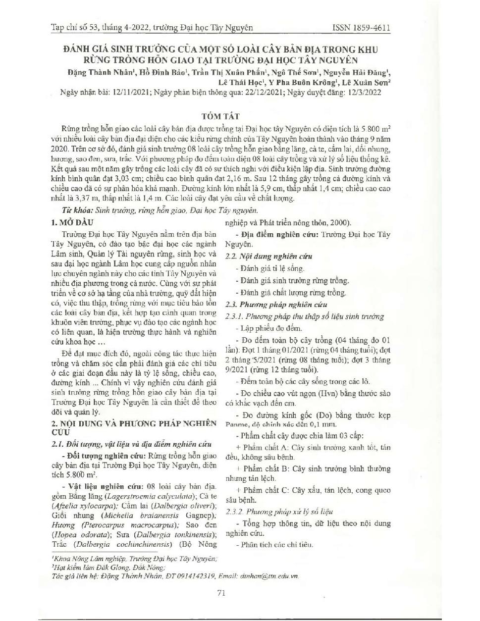 Đánh giá sinh trưởng của một số loài cây bản địa trong khu rừng trồng hỗn giao tại Trường Đại học Tây Nguyên = Assessing the growth of some native plant species at the mixed forest plantation at Tay Nguyen University