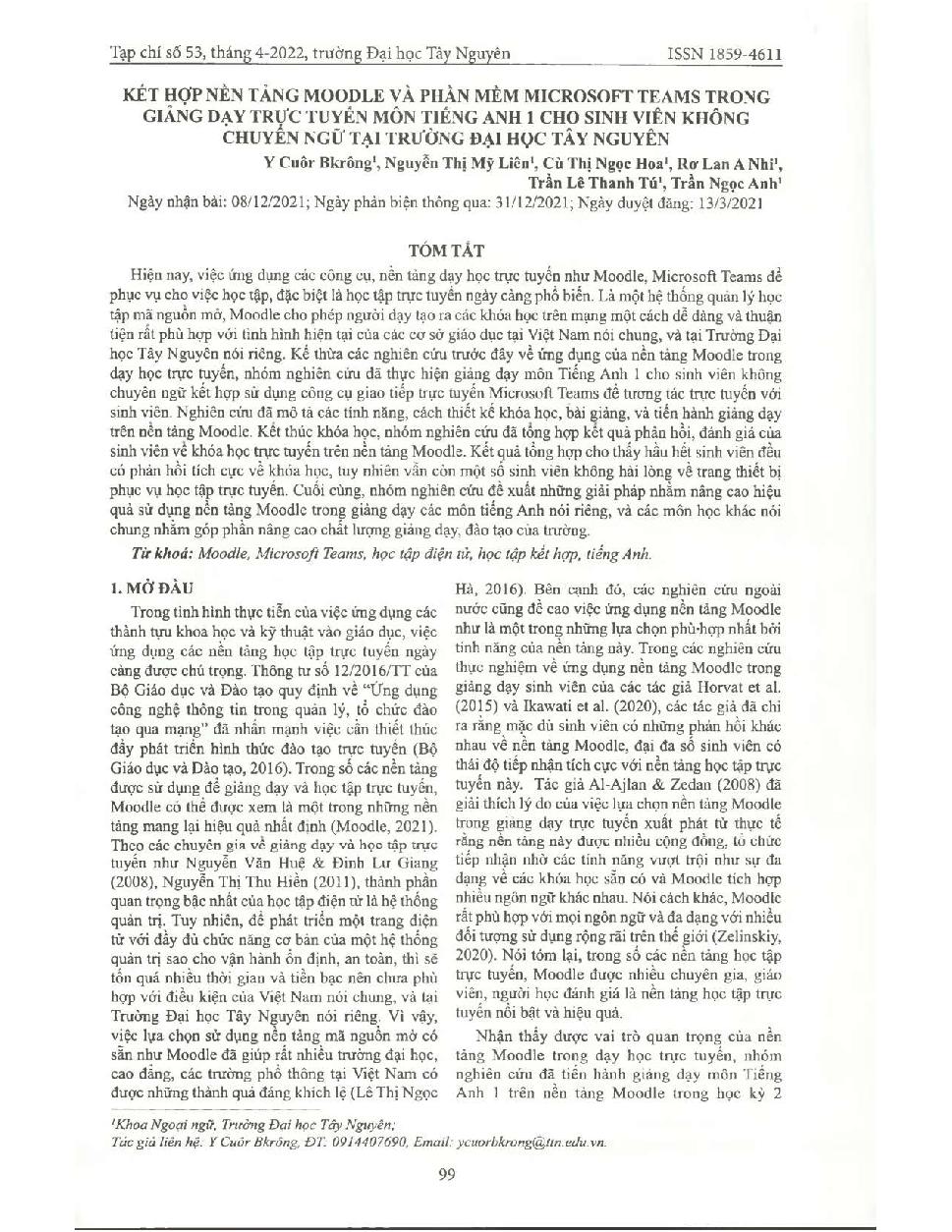 Kết hợp nền tảng Moodle và phần mềm Microsoft Teams trong giảng dạy trực tuyến môn Tiếng Anh 1 cho sinh viên không chuyên ngữ tại Trường Đại học Tây Nguyên = The implementation of Moodle platform and Microsoft Teams in teaching English 1 course for non-En