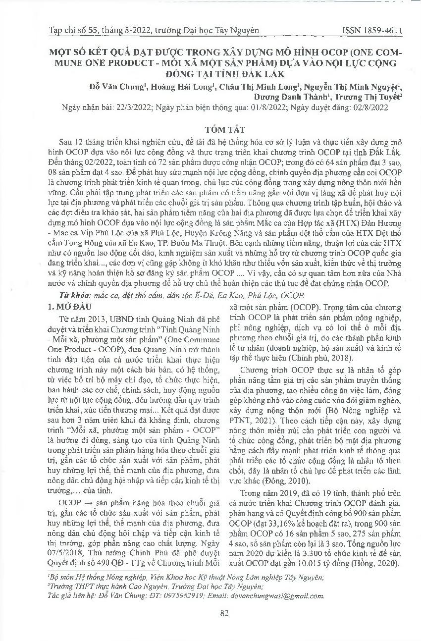 Một số kết quả đạt được trong xây dựng mô hình OCOP (One Commune One Product - Mỗi xã một sản phẩm) dựa vào nội lực cộng đồng tại tỉnh Đắk Lắk = Some initial results in building community-based OCOP (One Commune, One Product) models in Dak Lak province