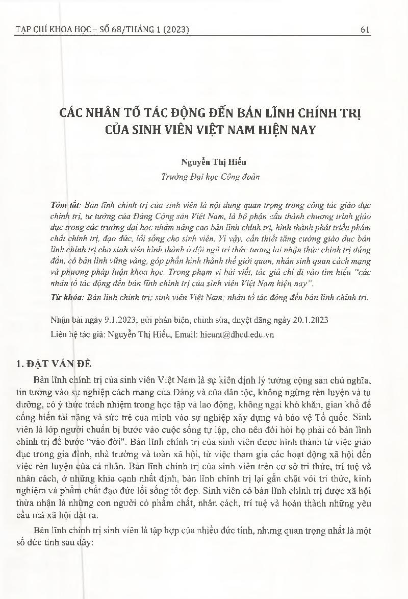 Các nhân tố tác động đến bản lĩnh chính trị của sinh viên Việt Nam hiện nay = The factors affecting the political bravery of Vietnamese students