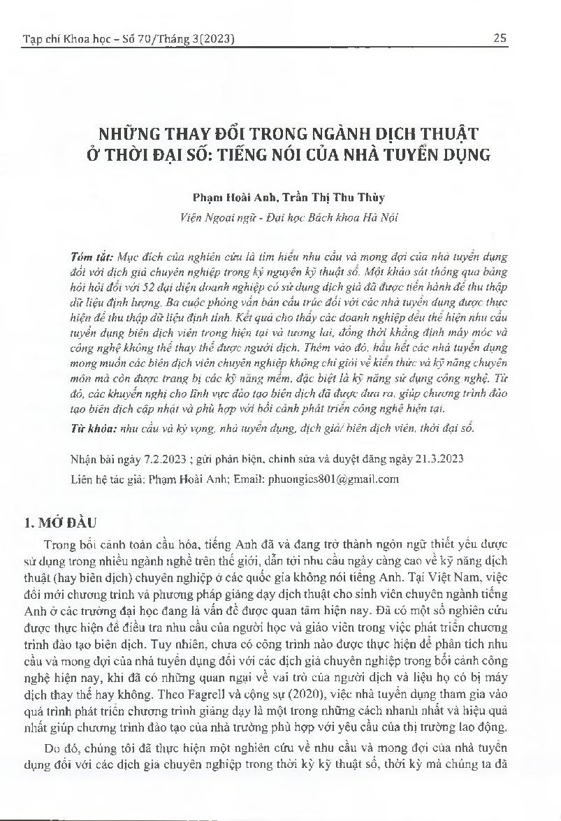 Những thay đổi trong ngành dịch thuật ở thời đại số: tiếng nói của nhà tuyển dụng = Changes in the field of translation in the digital era: the voice from employers