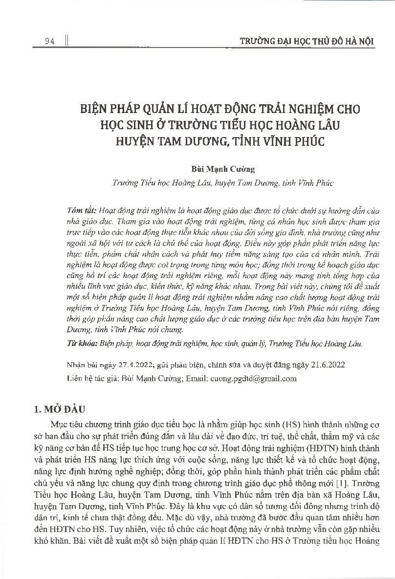 Biện pháp quản lí hoạt động trải nghiệm cho học sinh ở trường Tiểu học Hoàng Lâu huyện Tam Dương, tỉnh Vĩnh Phúc = Some measures to manage experience activities for students in Hoang Lau primary school, Tam Duong district, Vinh Phuc province